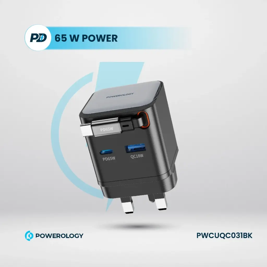 Powerology Dual Port _ Retractable GaN Charger شارژردیواری پاورلوژی 70 واتی مدل PWCUQC051 - Image 2