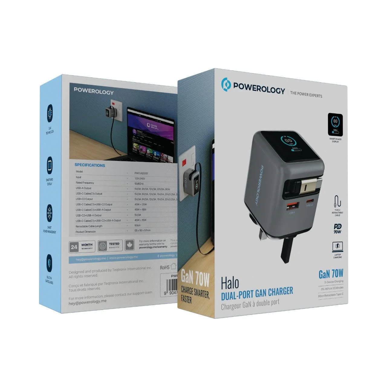 Powerology-Halo-Dual-Port-GaN-70W-Charger-1 شارژردیواری پاورلوژی 70 واتی مدل PWCUQC051 - Image 4