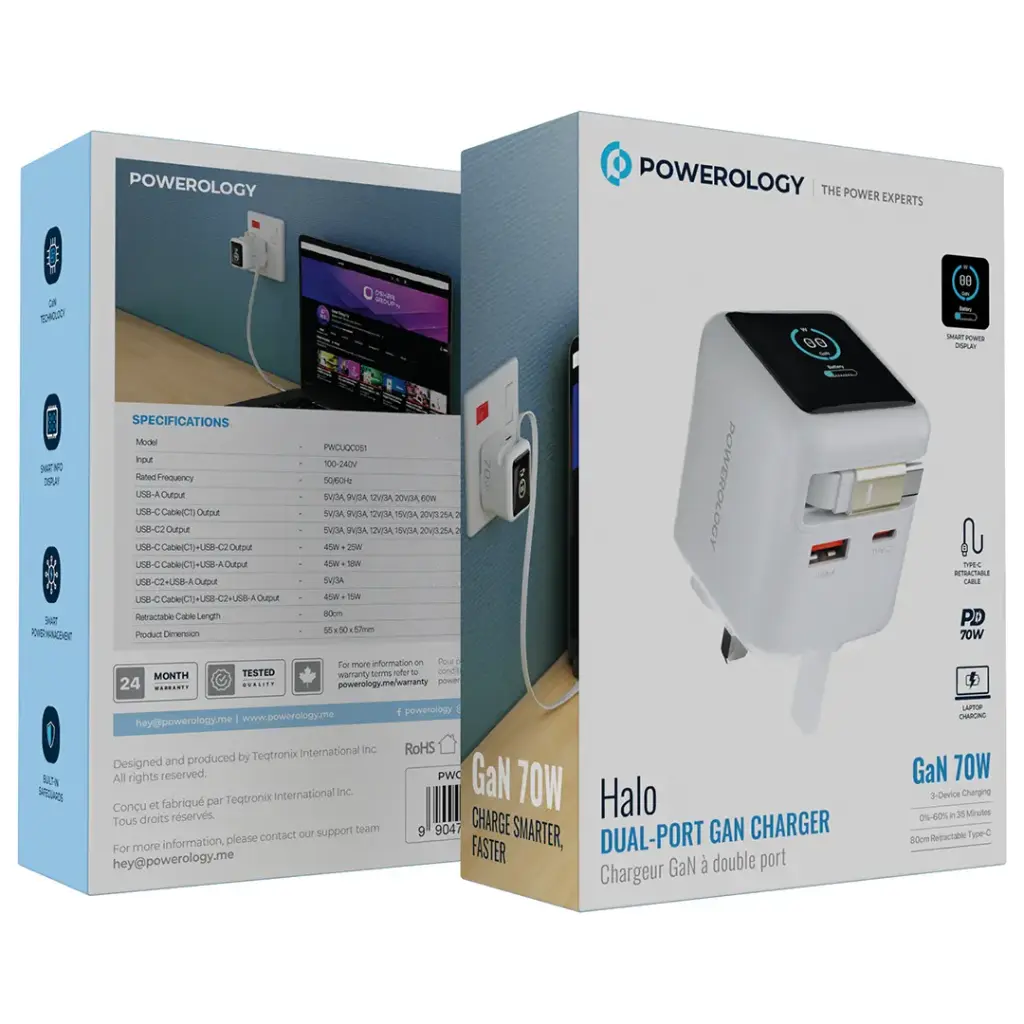 Powerology Halo Dual-Port GaN Charger - WH1 شارژردیواری پاورلوژی 70 واتی مدل PWCUQC051 - Image 5